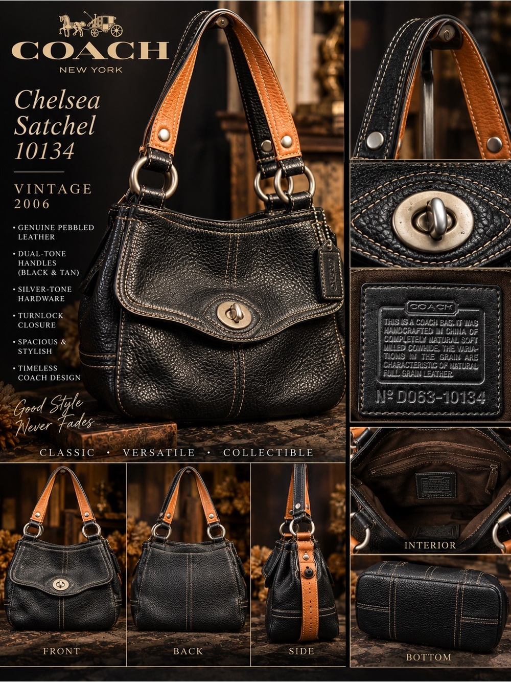 COACH Black Pebbled Leather Satchel with Tan Handles